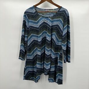 Tianello Top Shirt Womens XL Blue Green Stripe Art Boxy Casual Coastal